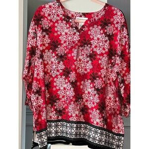 Alfred Dunner Snowflake Print 3/4 Sleeve Top with Studs Sz 3X
